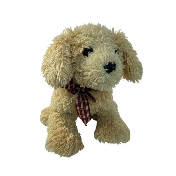 Ty Goldwyn Plush Dog With Red Plaid Bow Soft Tan Fur 12" Stuffed Animal Collecti - Picture 1 of 7